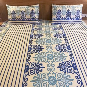Printed Double/Queen Bed cover with two pillow covers made of 100% Cotton Satin - Love for Home - Eternity Stripe (Blue)