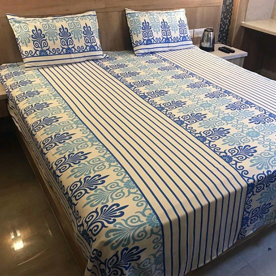 Printed Double/Queen Bed cover with two pillow covers made of 100% Cotton Satin - Love for Home - Eternity Stripe (Blue)