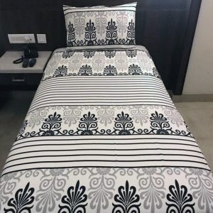 Printed Single Bed cover with one pillow covers made of 100% Cotton Satin - Love for Home - Eternity stripe (Black)