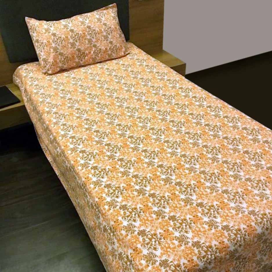 Printed Single Bed cover with one pillow cover made of 100% Cotton - Love for Home - Tropical Flower Orange