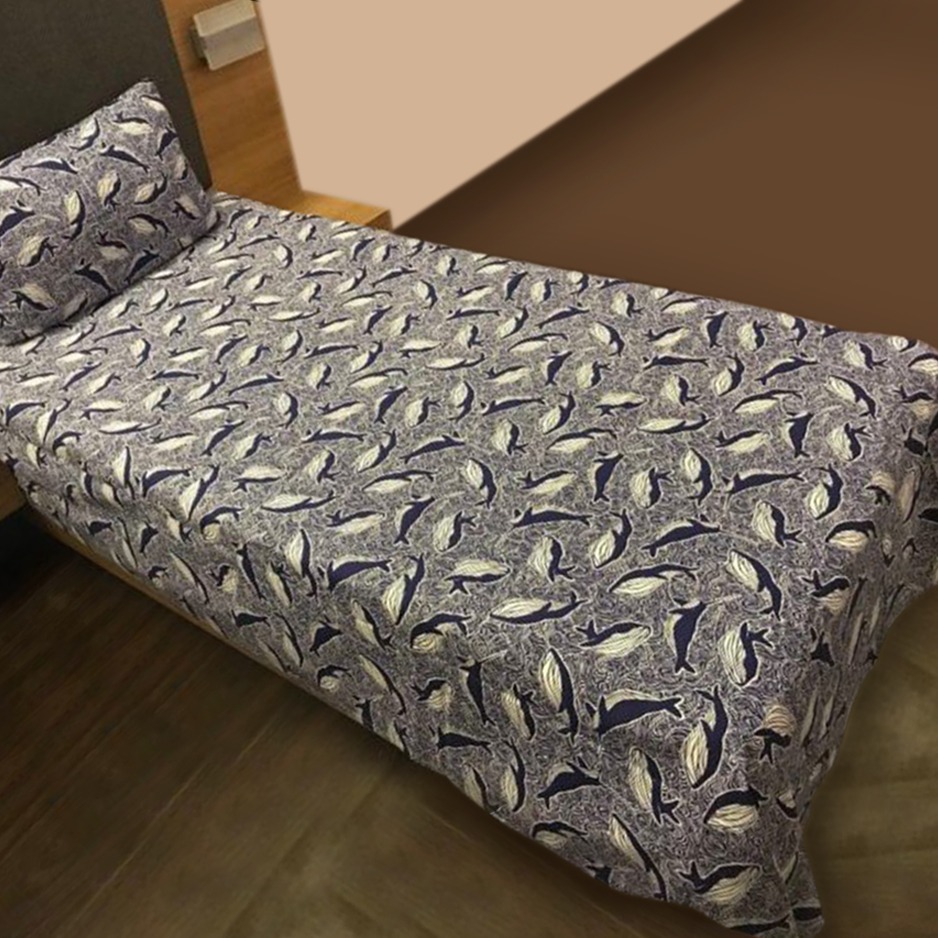 Printed Single Bed cover with one pillow cover made of 100% Cotton - Love for Home - Deep Sea Blue