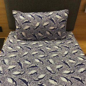 Printed Single Bed cover with one pillow cover made of 100% Cotton - Love for Home - Deep Sea Blue