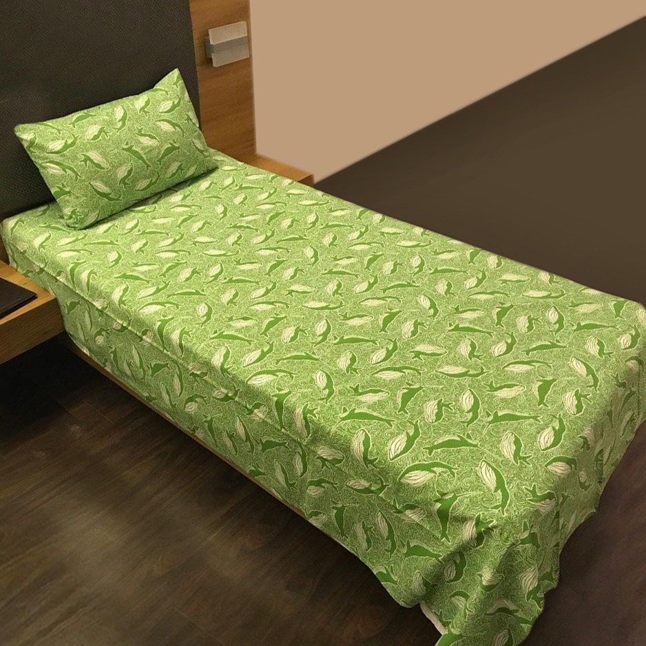 Printed Single Bed cover with one pillow cover made of 100% Cotton - Love for Home - Deep Sea Green