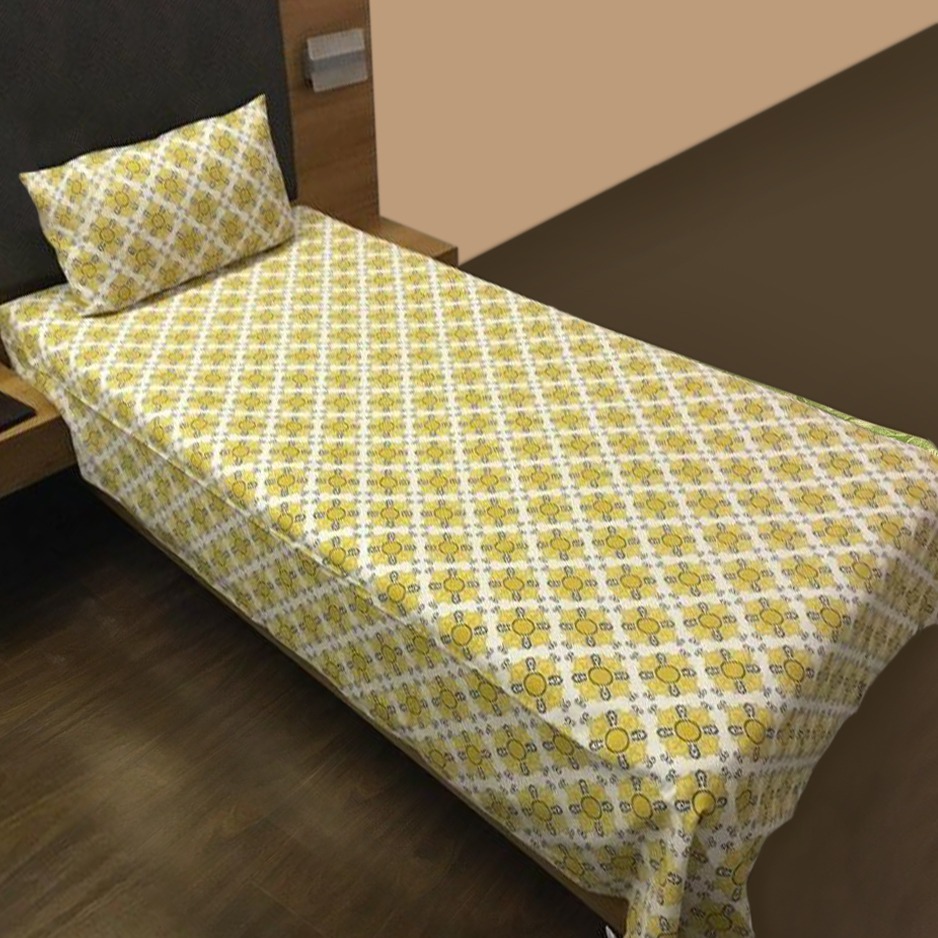 Printed Single Bed cover with one pillow cover made of 100% Cotton - Love for Home - Girasol Yellow