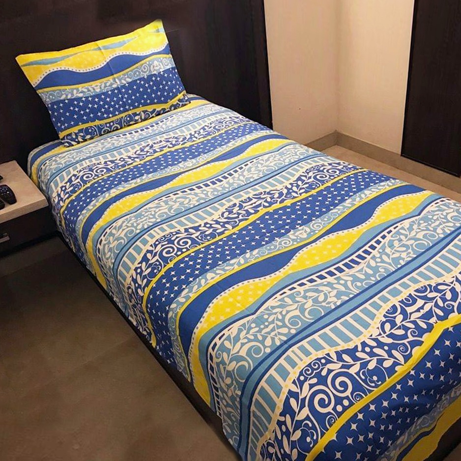 Printed Single Bed cover with one pillow covers made of 100% Cotton Satin - Love for Home - Waves of Sanity