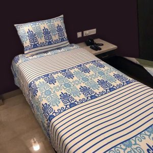 Printed Single Bed cover with one pillow covers made of 100% Cotton Satin - Love for Home - Eternity stripe (Blue)