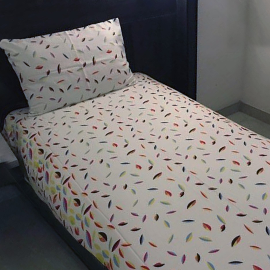 Printed Single Bed cover with one pillow covers made of 100% Cotton Satin - Love for Home - Scattered Leaflet