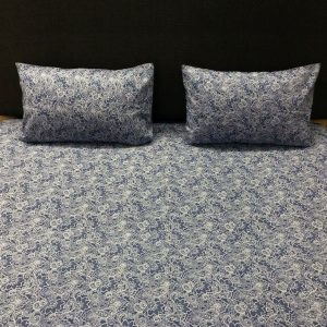 Printed Double/Queen Bed cover with two pillow covers made of 100% Cotton - Love for Home - Moonlit flower (Blue)