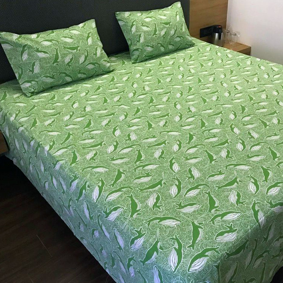 Printed Double/Queen Bed cover with two pillow covers made of 100% Cotton - Love for Home - Deep Sea Green