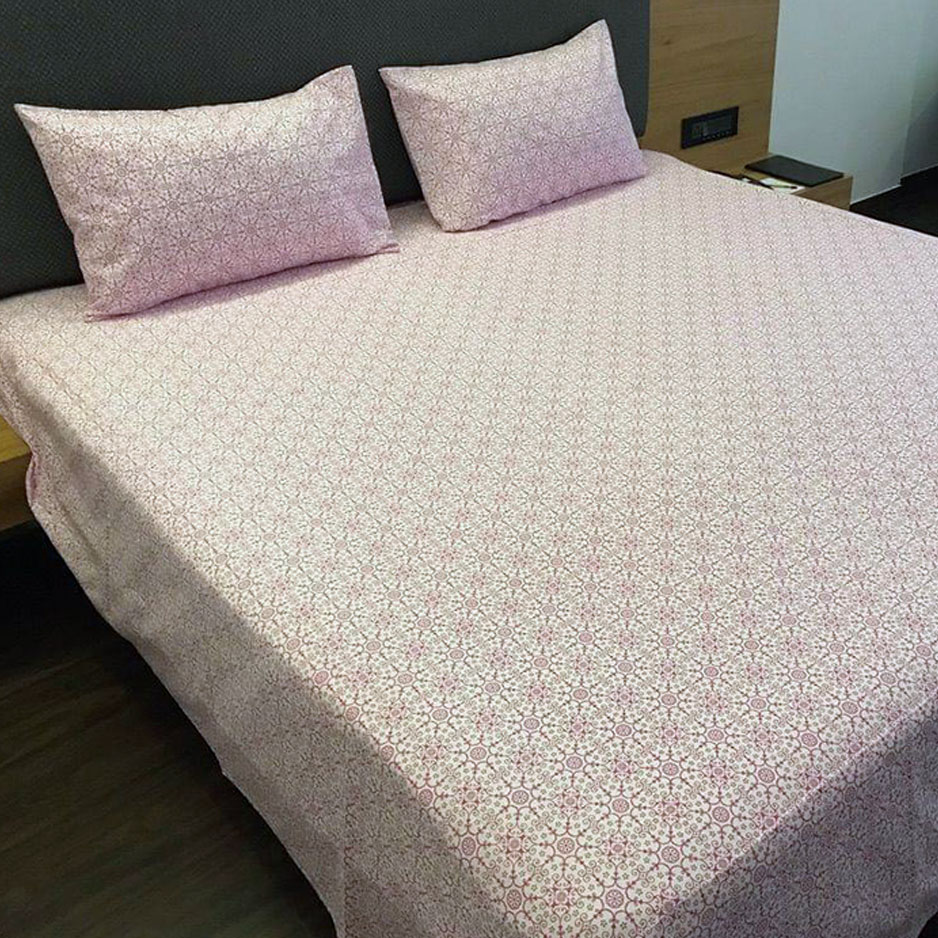 Printed Double/Queen Bed cover with two pillow covers made of 100% Cotton - Love for Home - Moonlit flower Pink