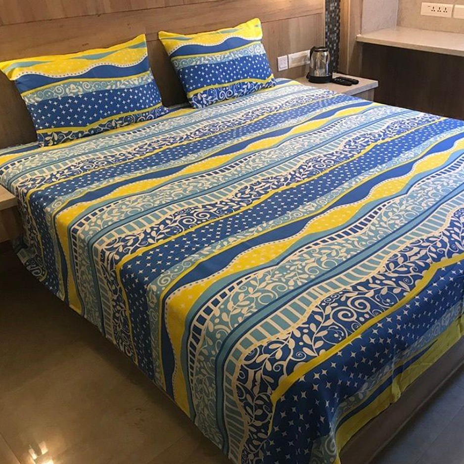 Printed Double/Queen Bed cover with two pillow covers made of 100% Cotton Satin - Love for Home - Waves of Sanity