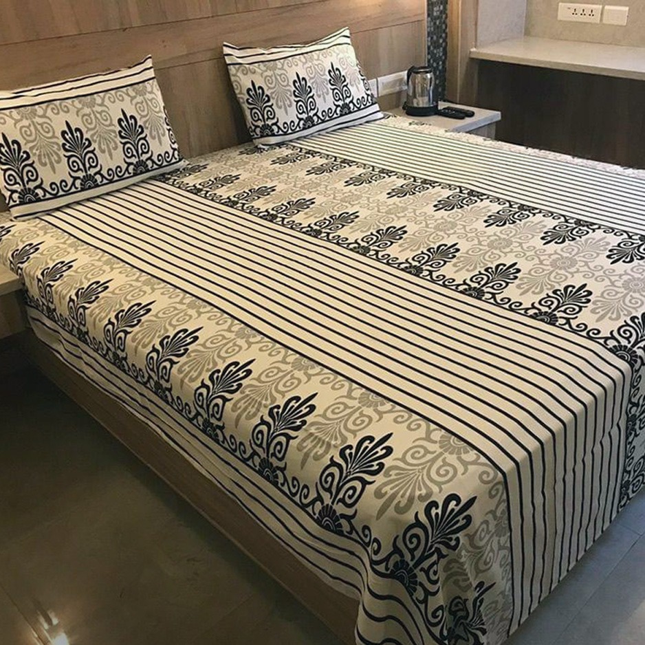 Printed Double/Queen Bed cover with two pillow covers made of 100% Cotton Satin - Love for Home - Eternity stripe (Black)