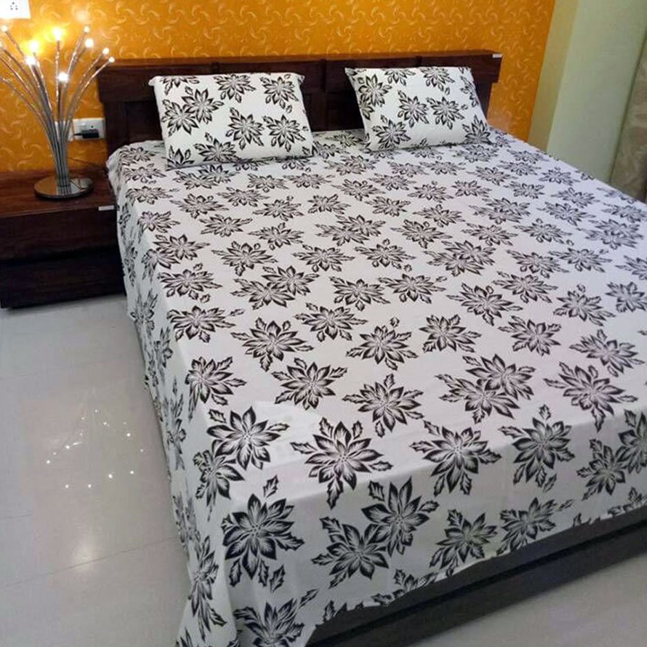Printed Double/Queen Bed cover with two pillow covers made of 100% Cotton - Love for Home -Double Bed (Black)
