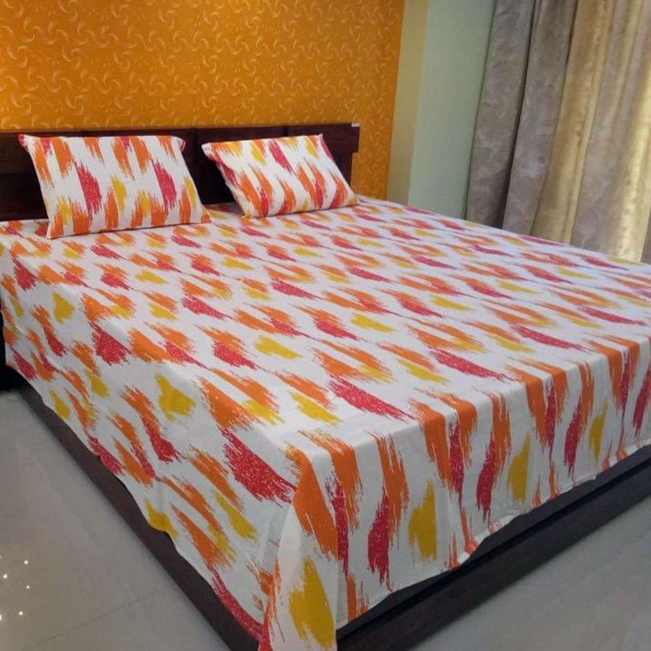 Printed Double/Queen Bed cover with two pillow covers made of 100% Cotton - Love for Home - Double Bed (Yellow)