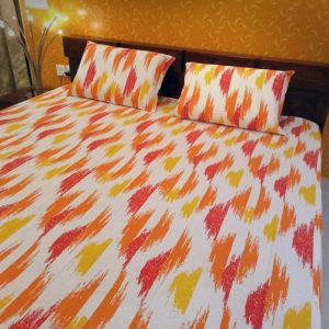 Printed Double/Queen Bed cover with two pillow covers made of 100% Cotton - Love for Home - Double Bed (Yellow)